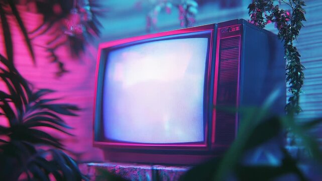 Retro television with neon light and tropical plants creating vaporwave aesthetic