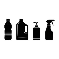 Cleaning product bottles assortment on white background.