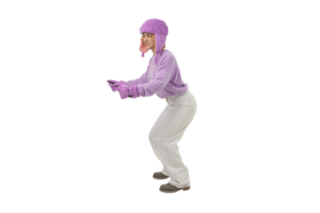 Cheerful skier dressed warmly enjoys winter activities, isolated, PNG