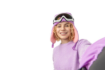 Joyful skier captures a fun moment on the slopes, isolated, PNG