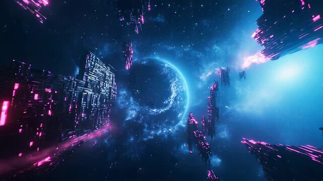 Futuristic space city floating around a distant planet