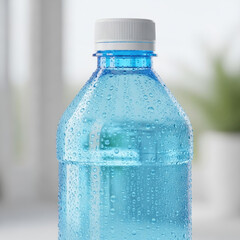 Clear blue water bottle close up.