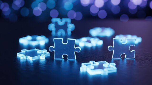Glowing blue puzzle pieces on a dark surface with bokeh lights in the background - Powered by Adobe