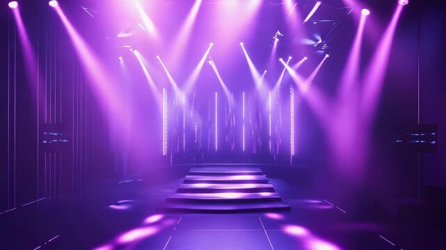 Empty performance stage with bright purple spotlights