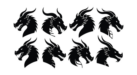 A collection of stylized black dragon heads arranged in a grid pattern