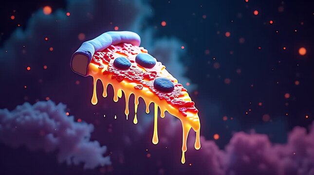 A floating slice of pizza with glowing radioactive toppings, dripping neon slime, cosmic particles, dark sci-fi background, surreal fantasy twist, intense color contrast
