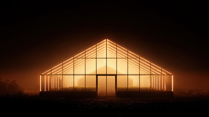 Obraz premium Illuminated greenhouse bathed in a warm, ethereal glow during the dusk. The scene exudes a sense of tranquility, harmony and promise 