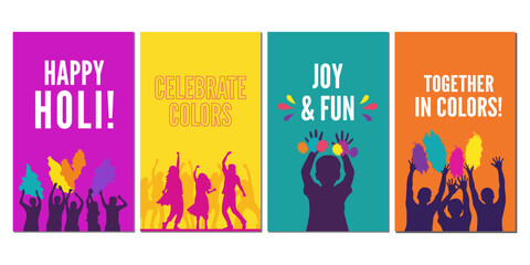 Happy holi festival celebration banners set with people silhouettes and colors