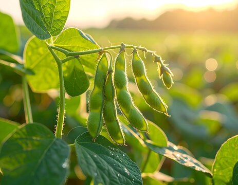 Close-up of green pods and leaves in a field bathed in sunlight