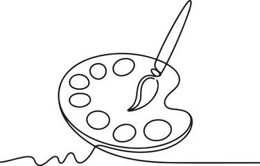 Continuous line art illustration of handmade contour forming an artist palette and paintbrush