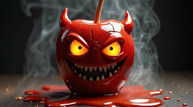 A glossy candy apple morphing into a devilish face, glowing eyes, caramel dripping like molten lava, smoke effects, horror-fantasy crossover, dramatic lighting, creative sinister food concept
