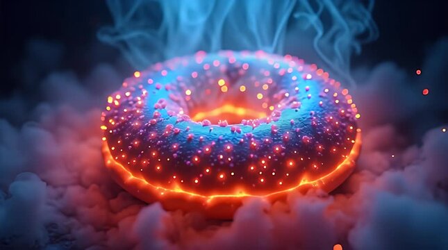 A glowing, demonic rainbow bagel opening like a cosmic portal, neon colors swirling, steam rising, surreal shadows, otherworldly textures, dark fantasy atmosphere, magical food concept, ethereal glow,
