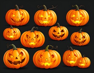 Illustration of glowing orange pumpkins with carved faces