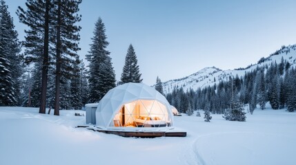 cozy, glamping ,christmas, Serene Winter Retreat: Elegant Glamping Dome Illuminated in Golden Light Amidst Snow-Covered Pine Trees