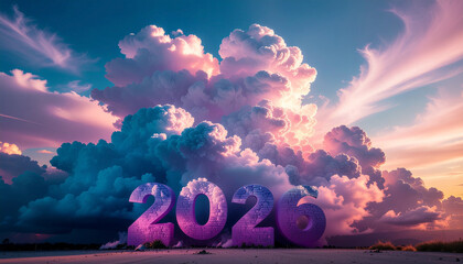 A vibrant dawn illuminates the monumental year 2026, with dramatic, colorful clouds promising a new beginning and the unfolding of future aspirations on a vast horizon