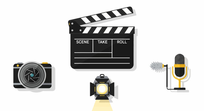 Film Production Equipment - Camera, Clapperboard, Light, and Microphone.