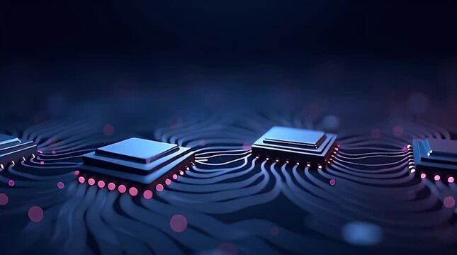 Small geometric nodes arranged in a row, each emitting subtle neural-signal-style waves, symbolic of AI brain connectivity.