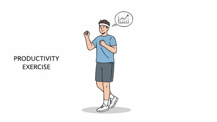 Man Exercising with Productivity Graph Thought Bubble.