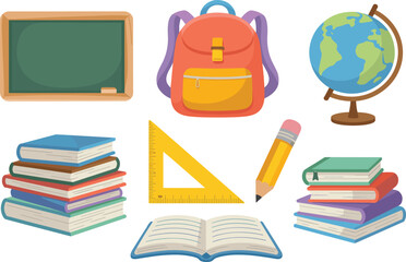 School supplies collection illustration featuring books, backpack, chalkboard, pencil, ruler, globe, educational tools, perfect for learning and classroom design