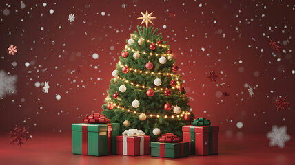 Radiant christmas tree encompassed by festive gifts on a snow-infused red backdrop