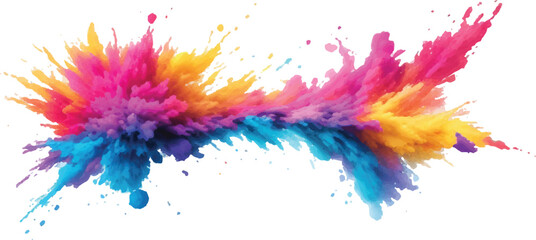 Colorful watercolor paint splashes and ink splatters create an artistic rainbow texture and abstract design on a white background