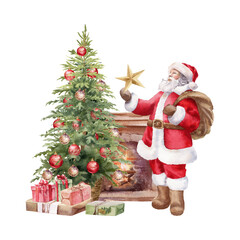 Santa Claus decorating a Christmas tree with a golden star next to a fireplace with presents.