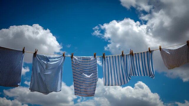 Laundry drying on clothesline with blue sky