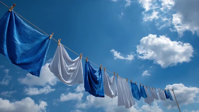 Laundry drying on clothesline under blue sky
