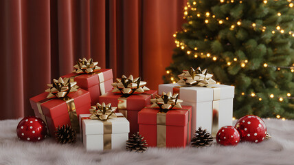 Glowing christmas gifts with pinecones and tree lights