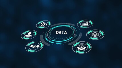 Data management and visualization concept with digital business icons representing information flow, processing systems, analytics and decision support. - Powered by Adobe