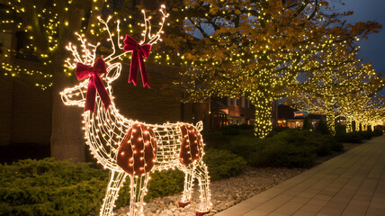 Glowing led reindeer with red bow illuminates festive christmas scene
