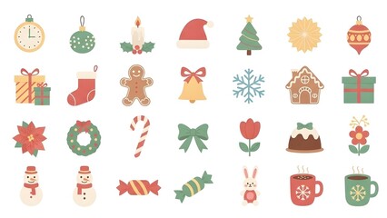 Flat pastel Christmas icon set: gifts, stocking, holly, Santa hat, tree, snowflakes, gingerbread man, wreath, bell, snowman, candy canes, mugs and flowers on white. minimal cartoon clipart collection.