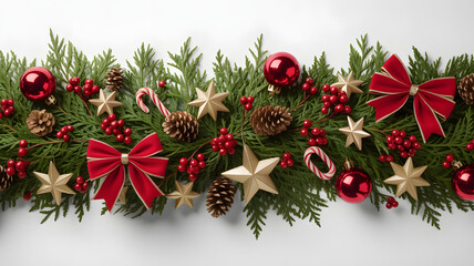 Elegant christmas garland border with ornaments, pine cones, and berries