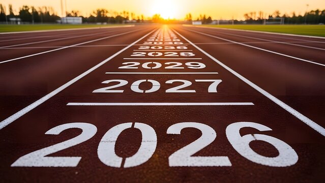 Running track with huge 2026 lane marking leading toward sunrise. white year numbers receding into distance. perspective for goals, planning and future timeline.