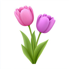 3d illustration of two cute pink tulip flowers with green leaves isolated on white background