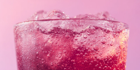Close up of cold pink fizzy drink with ice cubes and condensation droplets
