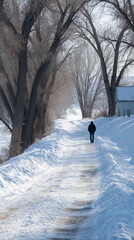 Man walking alone on a snowy country road lined with trees during winter