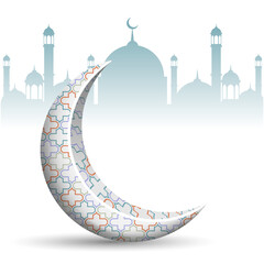 islamic background with 3d crescent and mosque silhouette backdrop