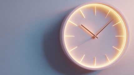 An illuminated clock hangs on a soft-colored wall. The clock is lit with a warm glowing light