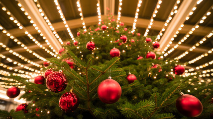 Glowing christmas tree with red ornament display: festive holiday decor with warm outdoor lighting