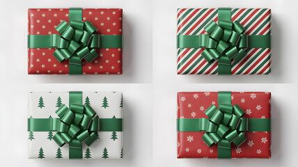 Elegant christmas gift boxes with festive wraps and green ribbons