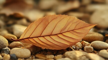 Detailed view of an autumn leaf resting on pebbled ground