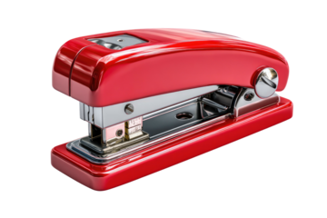 Glossy red stapler with silver accents on a black background