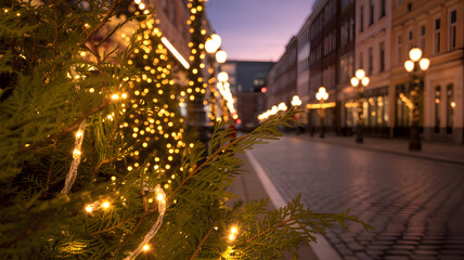 Twinkling christmas lights in urban winter evening