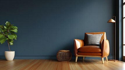 A stylish and minimalist living room with a rich dark blue wall, a comfortable tan leather armchair, and ample copy space- 3D rendering