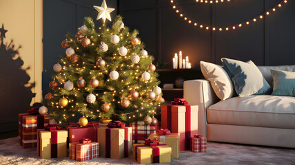 Cosy and festive living room scene with decorated christmas tree, stack of presents, string lights and comfortable sofa in warm light
