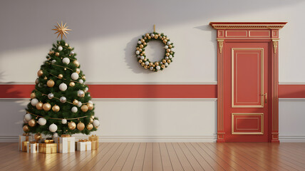 Festive holiday home entryway with a decorated christmas tree, wreath, and traditional european-style door