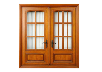Wooden double doors with divided panes and light-colored drapes