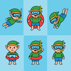 Cute cartoon elf character enjoying summer water activities like swimming and snorkeling with an inner tube.