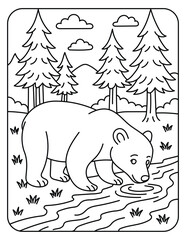 Bear Drinking Water in Forest Coloring Page – Woodland Animal Line Art for Kids